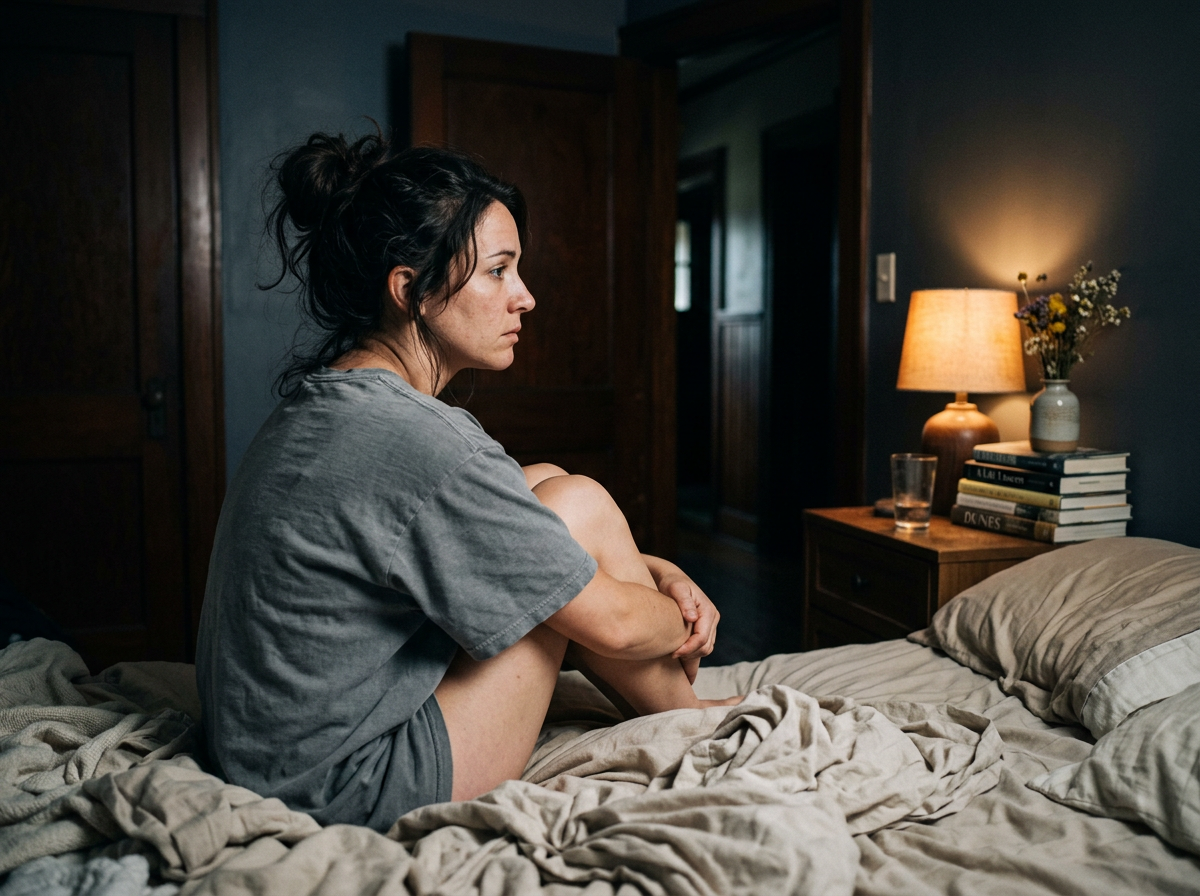 A woman sitting on the edge of her bed at night, lost in thought
