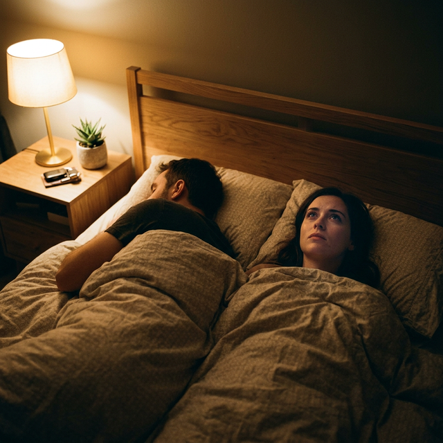 A couple in bed at night; he sleeps, she stares at the ceiling