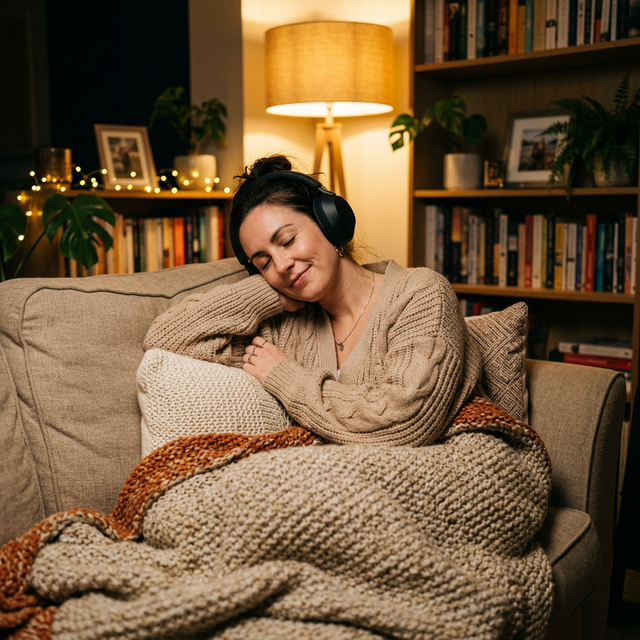 A woman relaxed alone on her sofa with headphones, smiling softly