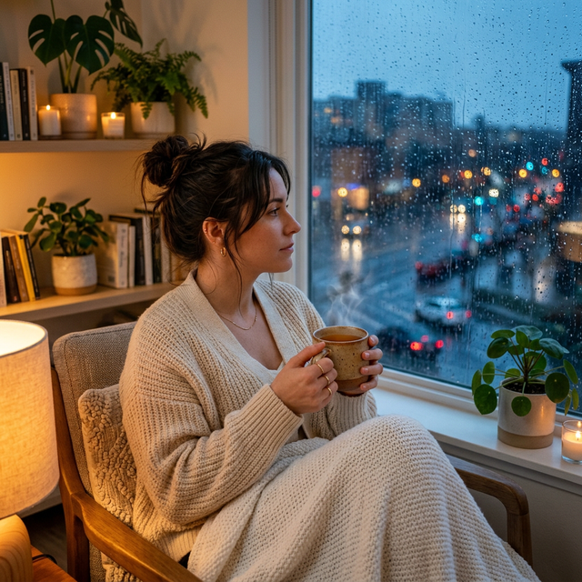 A woman with a mug of tea gazing out a rainy window
