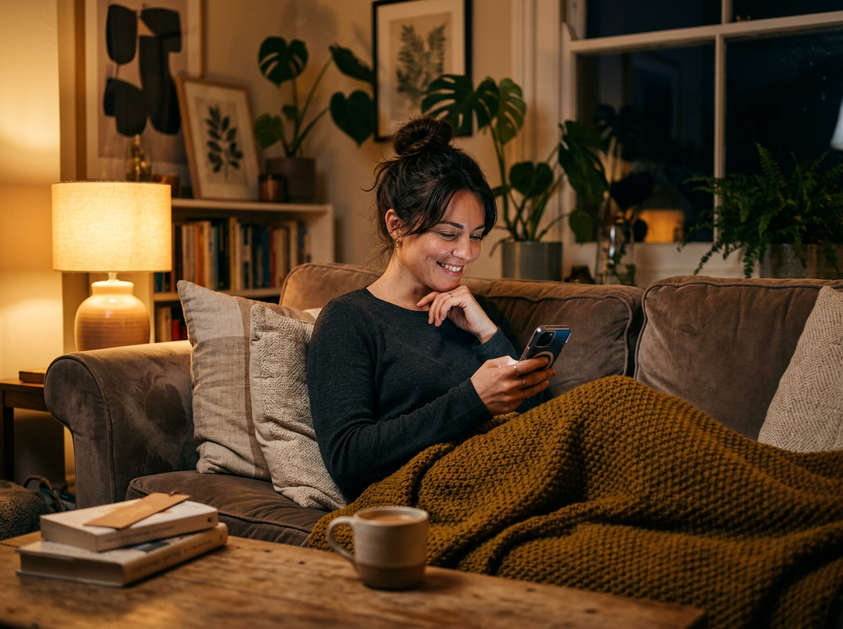 A woman on her sofa at night, reading something on her phone with a half-smile