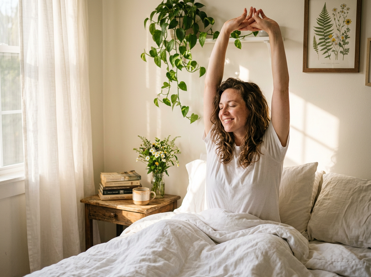 A woman stretching in bed in soft morning light, smiling with her eyes closed